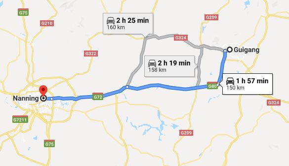 Route map from Guigang to Vietnamese Consulate in Nanning