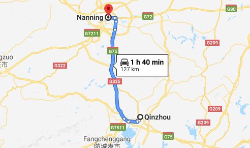 Route map from Qinzhou to Vietnamese Consulate in Nanning
