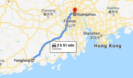 Route map from Yangjiang to Vietnamese Embassy in Guangzhou