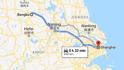 Route map from Bengbu to the Vietnamese Consulate in Shanghai