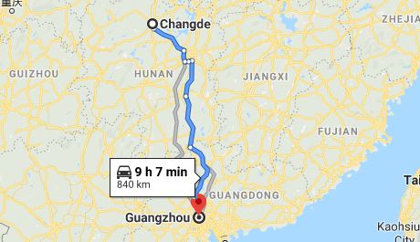 Route map from Changde to the Consulate of Vietnam in Guangzhou
