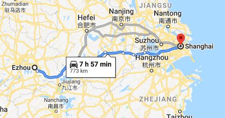 Route map from Ezhou to the Vietnamese Consulate in Shanghai