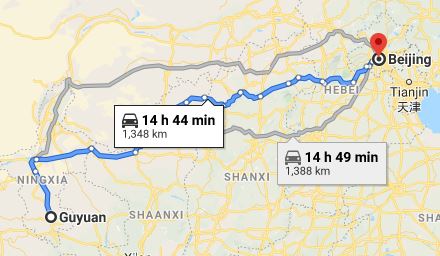 Route map from Guyuan to the Vietnamese Embassy in Beijing