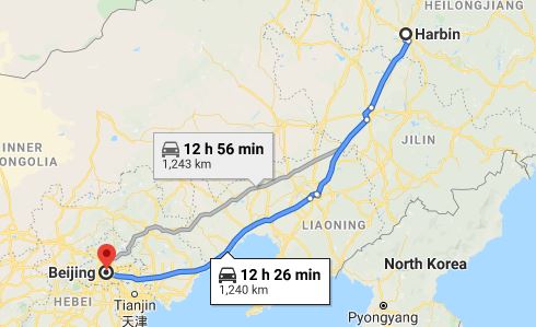 Route map from Harbin to the Vietnamese Embassy in Beijing