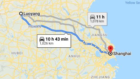 Route map from Luoyang to the Vietnamese Consulate in Shanghai