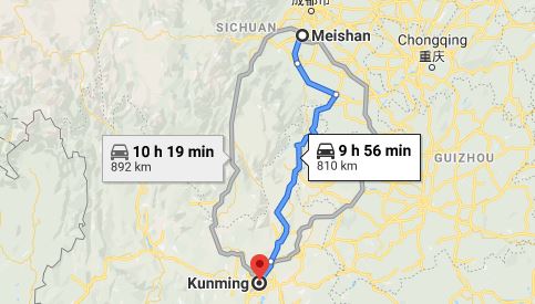 Route map from Meishan to the Vietnamese Consulate in Kunming