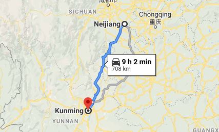 Route map from Neijiang to the Vietnamese Consulate in Kunming