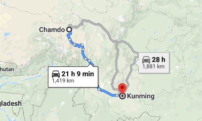 Route map from Qamdo to the Vietnamese Consulate in Kunming