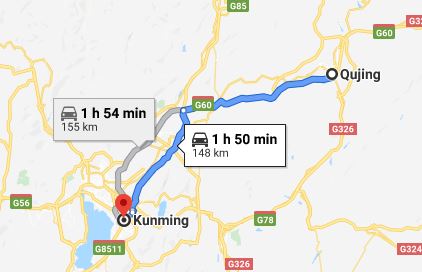 Route map from Qujing to the Vietnamese Consulate in Kunming