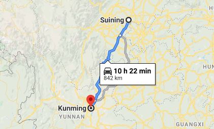 Route map from Suining to the Vietnamese Consulate in Kunming