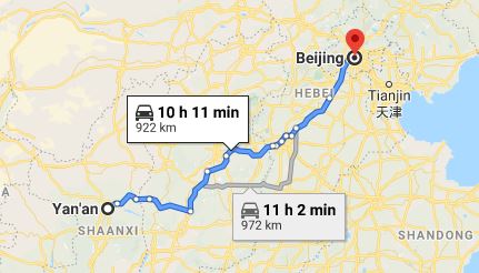 Route map from Yan'an to the Vietnamese Embassy in Beijing