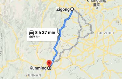 Route map from Zigong to the Vietnamese Consulate in Kunming